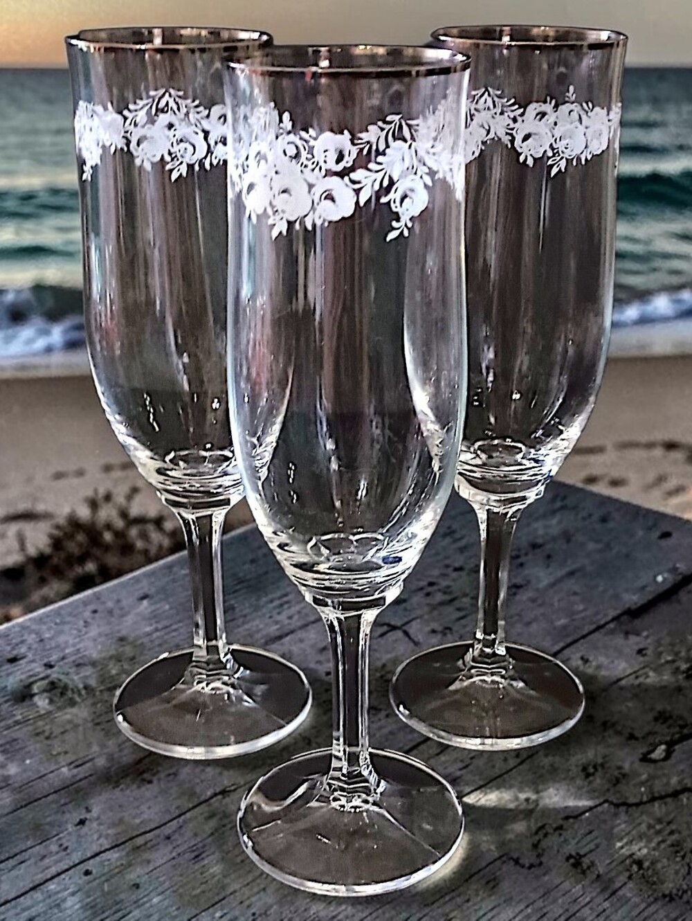 3 Johann Haviland Sweetheart Rose Champagne Flutes Crystal Vtg Floral Stemware